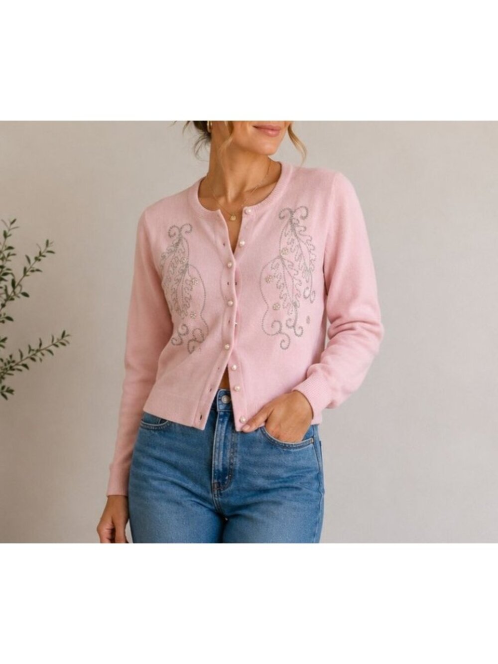 Vintage Pink Orlon Cardigan Grandma Chic Cottagecore Pearl Button Embroidered